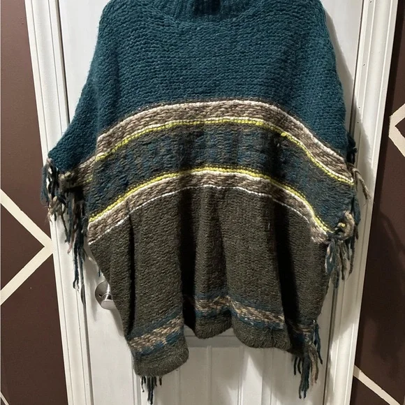 Free People Teal and Brown Knit Poncho - Picture 3 of 3